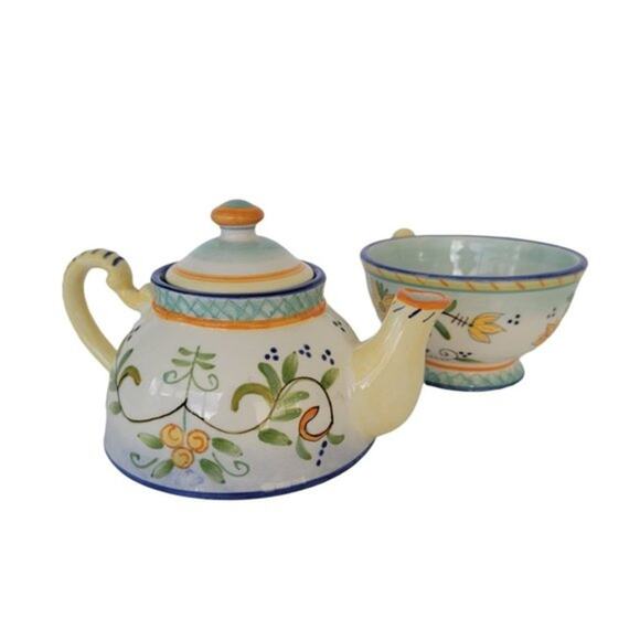 Sonoma Hand Painted Stackable Ceramic Teapot Cup and Saucer Floral Stripe - Picture 5 of 11